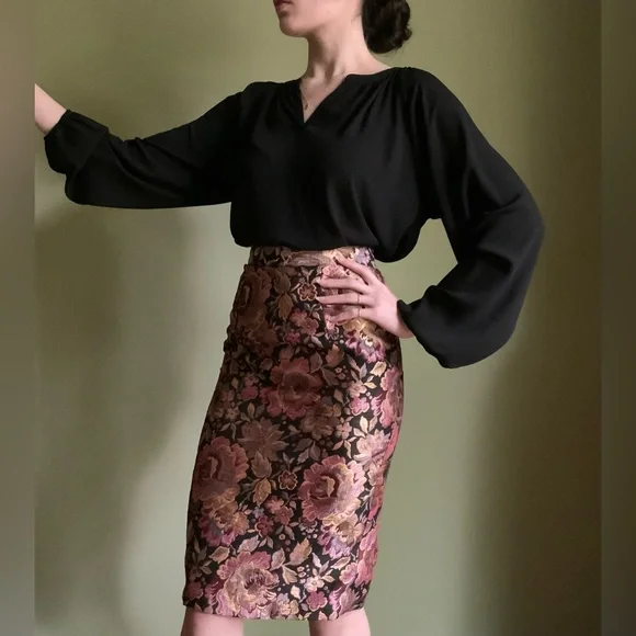 Floral Tapestry Pencil Skirt, Metallic Hobble Skirt